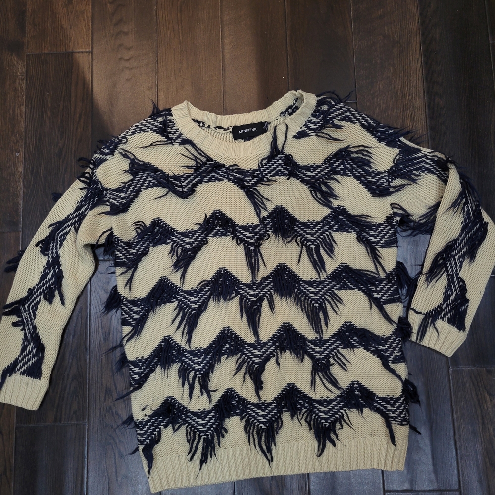 MINKPINK Cream And Navy Sweater with Fringe Detail